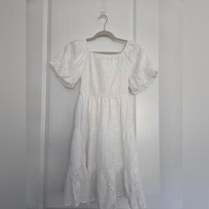 White Eyelet Puff Sleeve Midi Dress